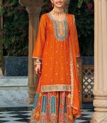 Orange chinon silk embroidered designer palazzo suit