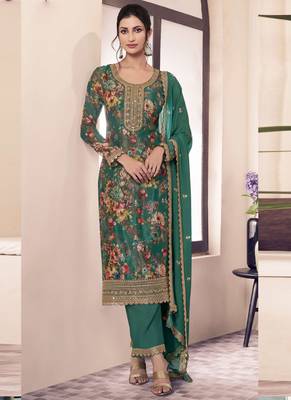 Green chinon silk digital print salwar suit 1