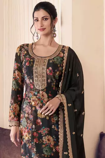 Black chinon silk digital print salwar suit