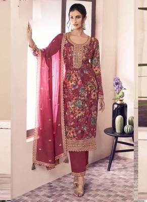 Red chinon silk digital print salwar suit 1