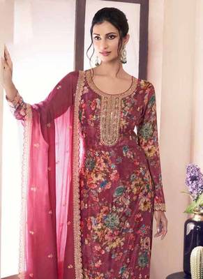 Red chinon silk digital print salwar suit 2