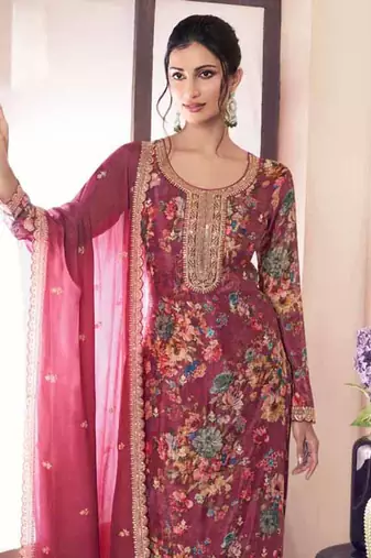 Red chinon silk digital print salwar suit