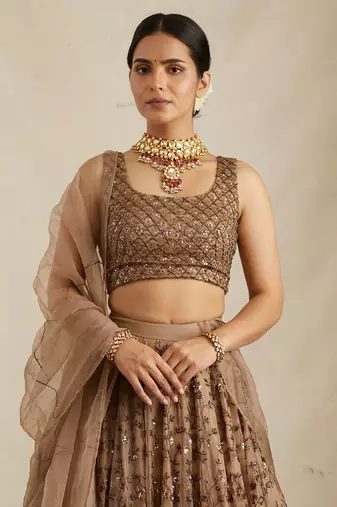 Graceful Soft Net Sequins Zari Embroidery Work Brown Lehenga Choli 
