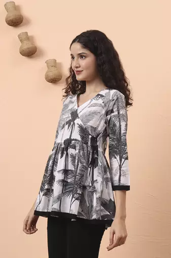 black and white cotton gathered or pleated angrakha top