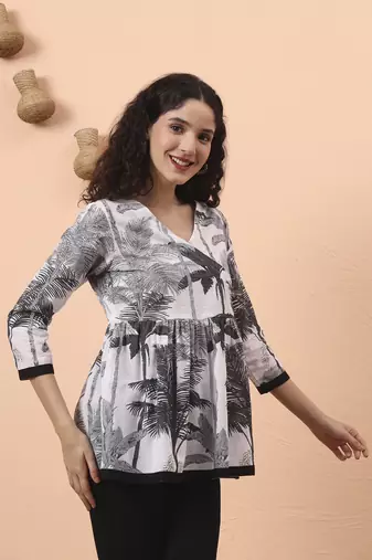 black and white cotton gathered or pleated angrakha top