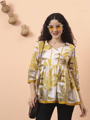 mustard and white cotton gathered or pleated angrakha top 1