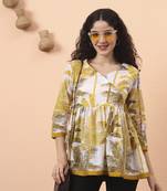 mustard and white cotton gathered or pleated angrakha top