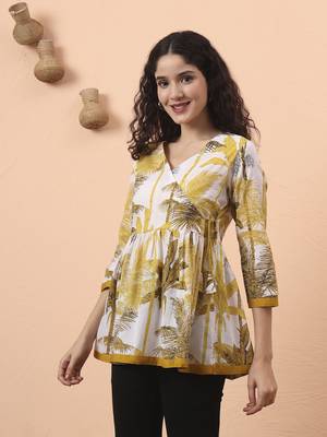 mustard and white cotton gathered or pleated angrakha top 2