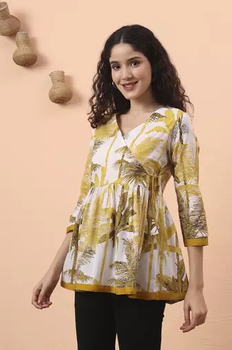 mustard and white cotton gathered or pleated angrakha top