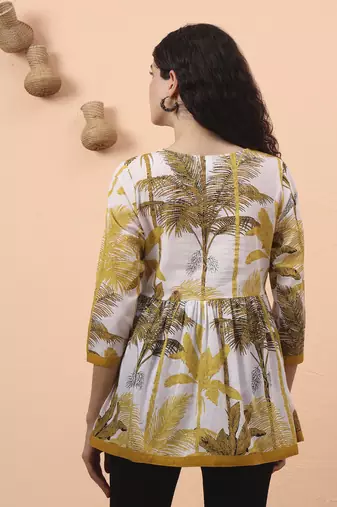 mustard and white cotton gathered or pleated angrakha top