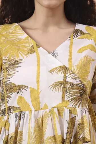 mustard and white cotton gathered or pleated angrakha top