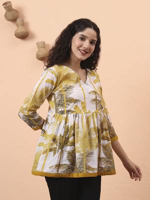 mustard and white cotton gathered or pleated angrakha top 5