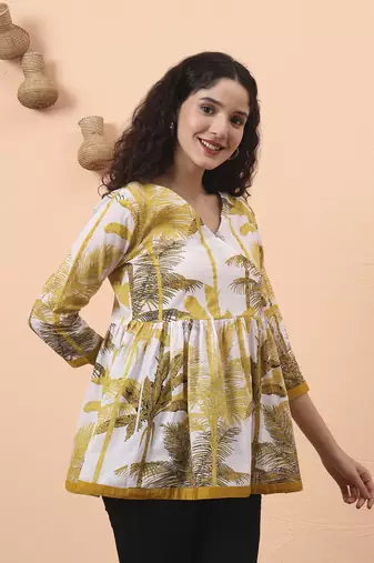 mustard and white cotton gathered or pleated angrakha top
