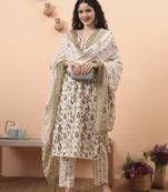 green straight thared work kurta trouser dupatta set