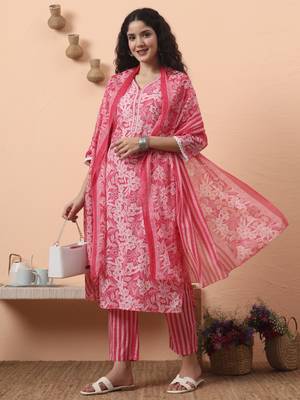 pink ethnic motifs pure cotton straight kurta pant set 1