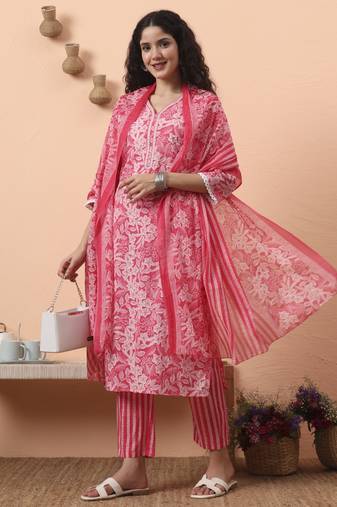 pink ethnic motifs pure cotton straight kurta pant set