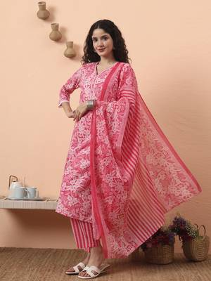 pink ethnic motifs pure cotton straight kurta pant set 2