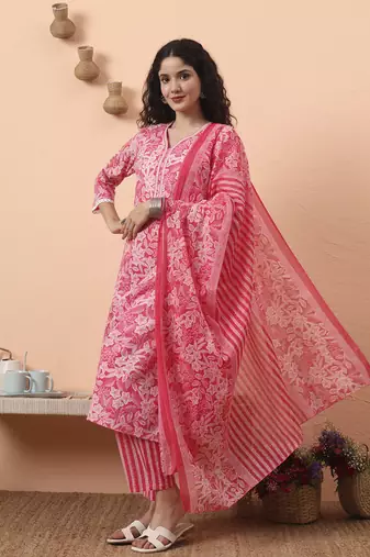 pink ethnic motifs pure cotton straight kurta pant set