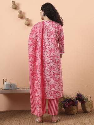 pink ethnic motifs pure cotton straight kurta pant set 3