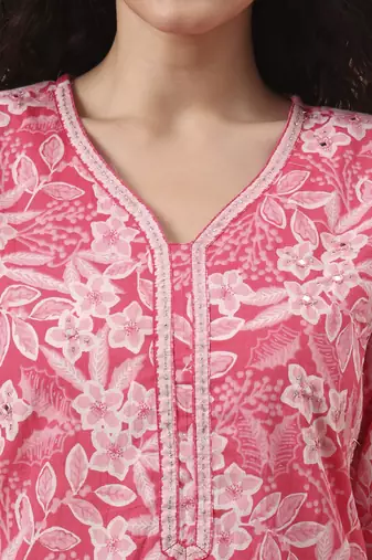 pink ethnic motifs pure cotton straight kurta pant set
