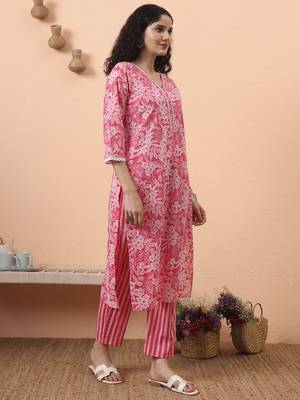 pink ethnic motifs pure cotton straight kurta pant set 5