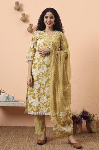 green pure cotton ethnic motifs straight kurta pant set