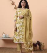 green pure cotton ethnic motifs straight kurta pant set