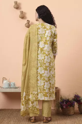 green pure cotton ethnic motifs straight kurta pant set