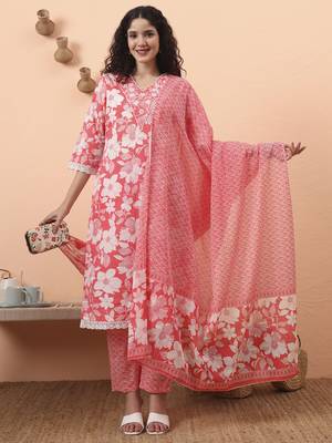 pink pure cotton ethnic motifs straight kurta pant set 1