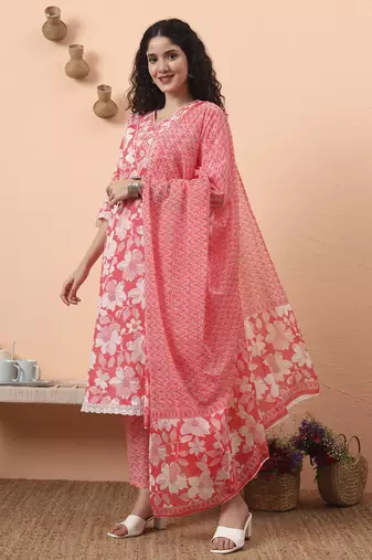 pink pure cotton ethnic motifs straight kurta pant set