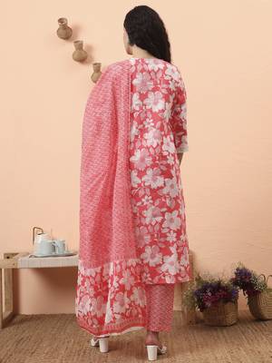 pink pure cotton ethnic motifs straight kurta pant set 3