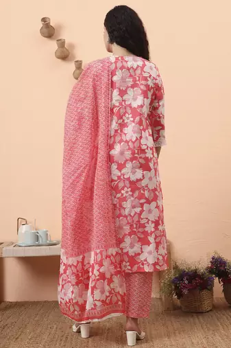 pink pure cotton ethnic motifs straight kurta pant set