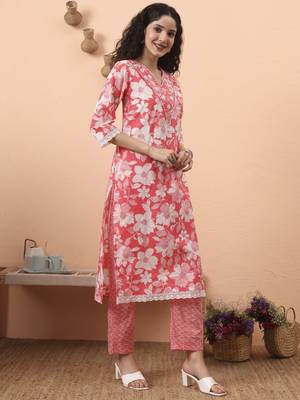 pink pure cotton ethnic motifs straight kurta pant set 5