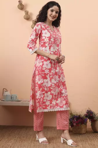 pink pure cotton ethnic motifs straight kurta pant set
