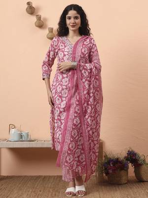 lavender pure cotton straight floral,kantha work kurta pant set 1