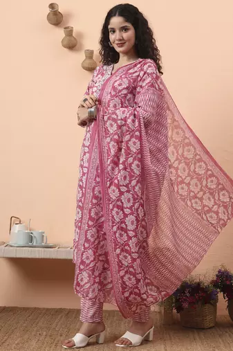 lavender pure cotton straight floral,kantha work kurta pant set