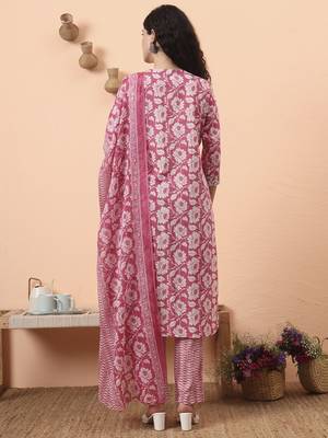 lavender pure cotton straight floral,kantha work kurta pant set 3
