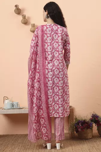 lavender pure cotton straight floral,kantha work kurta pant set