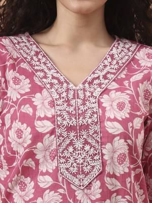 lavender pure cotton straight floral,kantha work kurta pant set 4