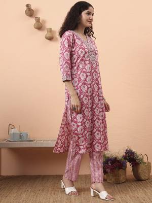 lavender pure cotton straight floral,kantha work kurta pant set 5