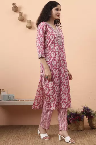lavender pure cotton straight floral,kantha work kurta pant set