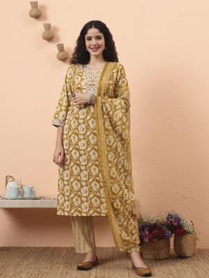 mustard pure cotton straight floral,kantha work kurta pant set 1