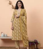 mustard pure cotton straight floral,kantha work kurta pant set