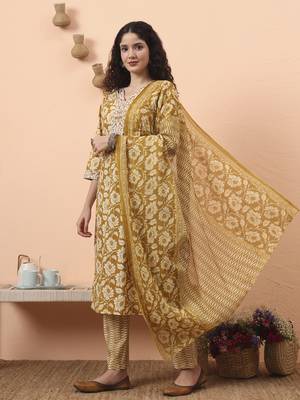 mustard pure cotton straight floral,kantha work kurta pant set 2