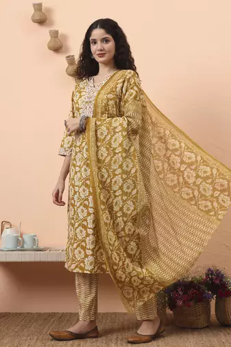 mustard pure cotton straight floral,kantha work kurta pant set