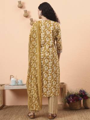 mustard pure cotton straight floral,kantha work kurta pant set 3