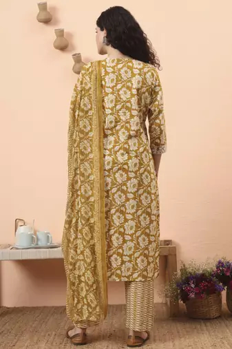 mustard pure cotton straight floral,kantha work kurta pant set