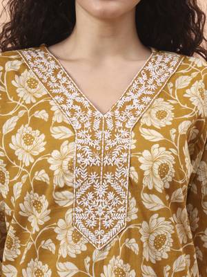mustard pure cotton straight floral,kantha work kurta pant set 4