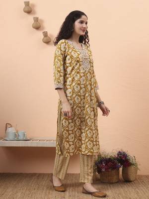 mustard pure cotton straight floral,kantha work kurta pant set 5