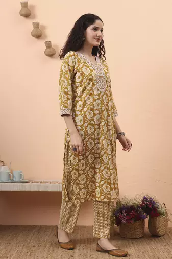mustard pure cotton straight floral,kantha work kurta pant set